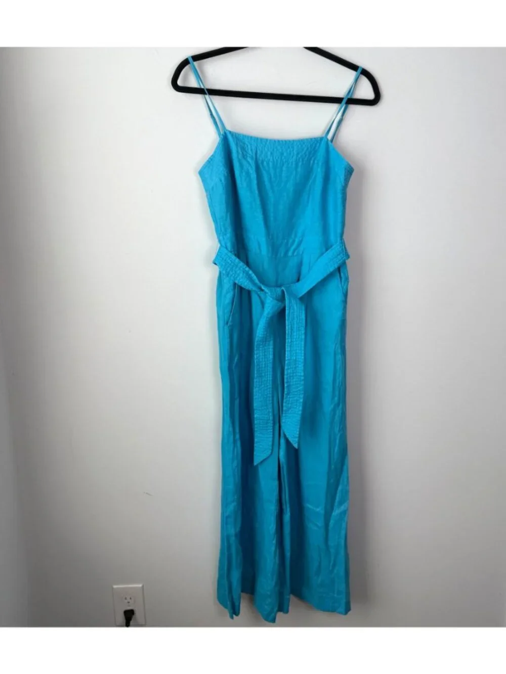 J. Crew Tie Waist 100% Linen Wide Leg Cropped Jumpsuit Blue Sz 2 Preppy Coastal